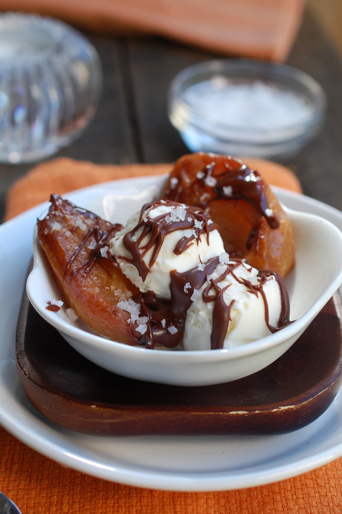 Roasted Pears with Vanilla Ice Cream, Chocolate Sauce & Sea Salt