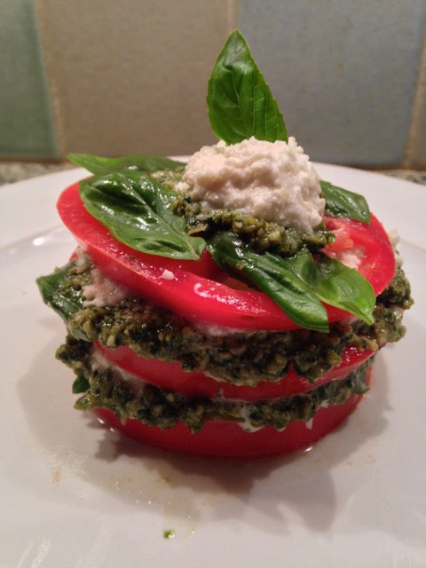 Tomato Zucchini Basil Pesto Cashew Cream Stack